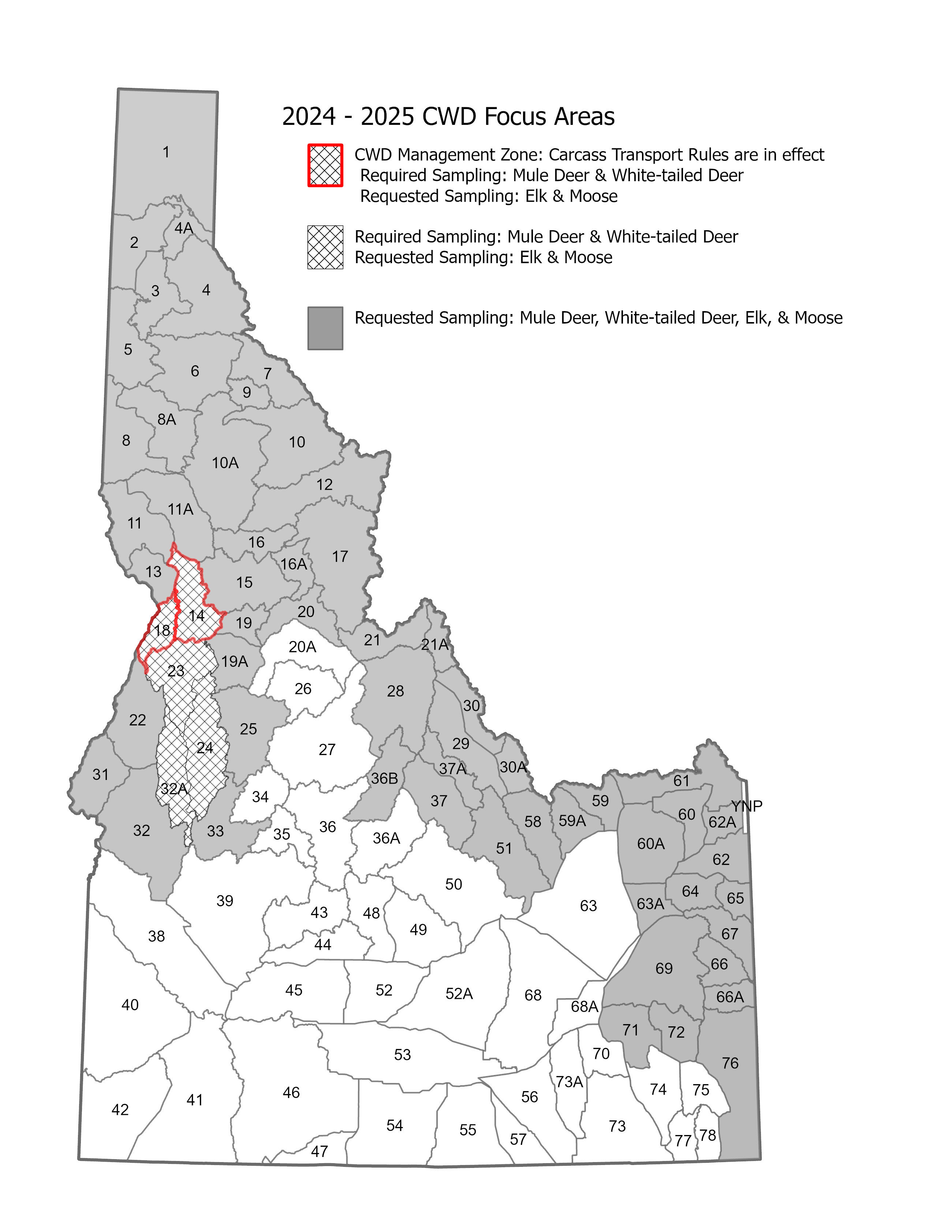 A map of Idaho shows shaded game management units in the northern and eastern side of the state.