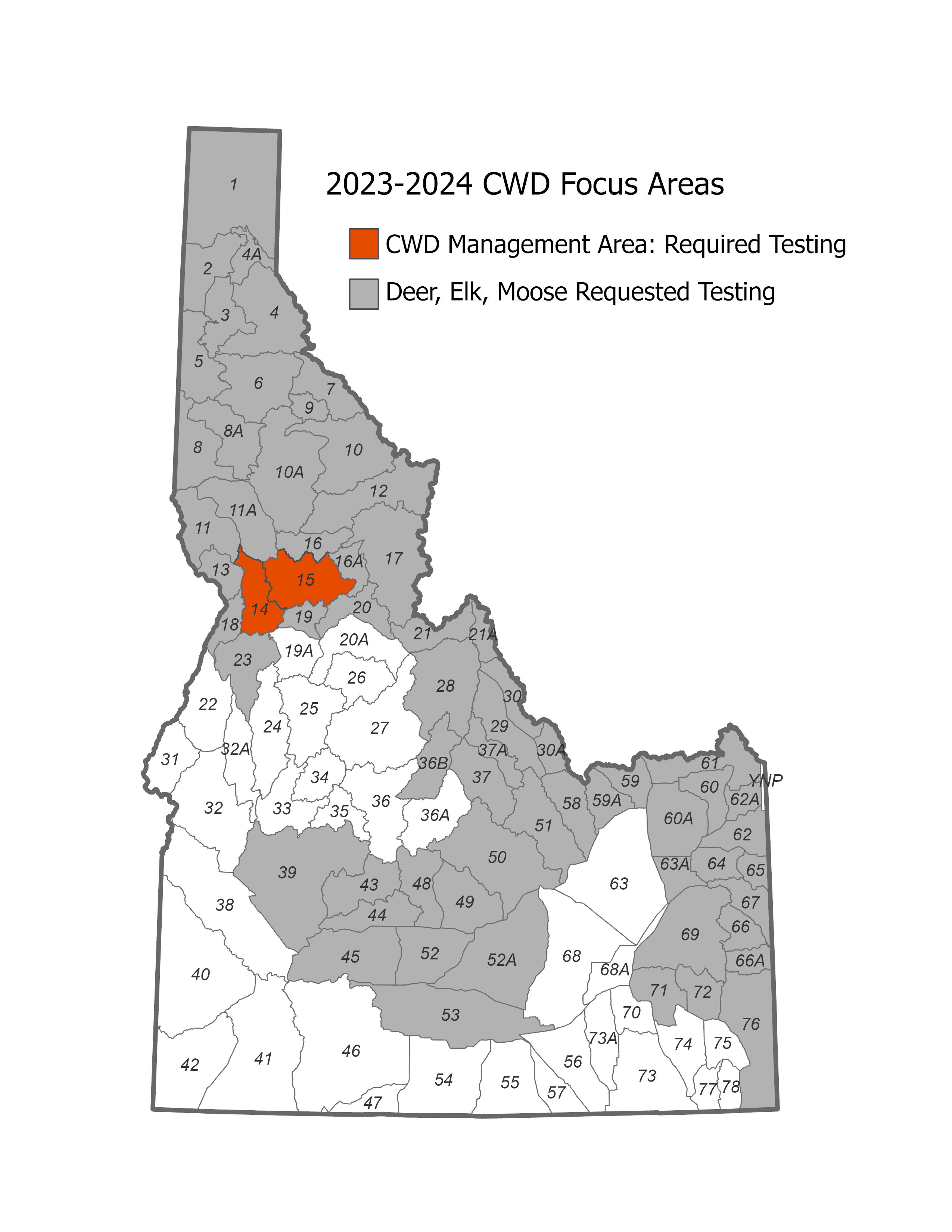 A game unit map of Idaho showing required and requested testing areas