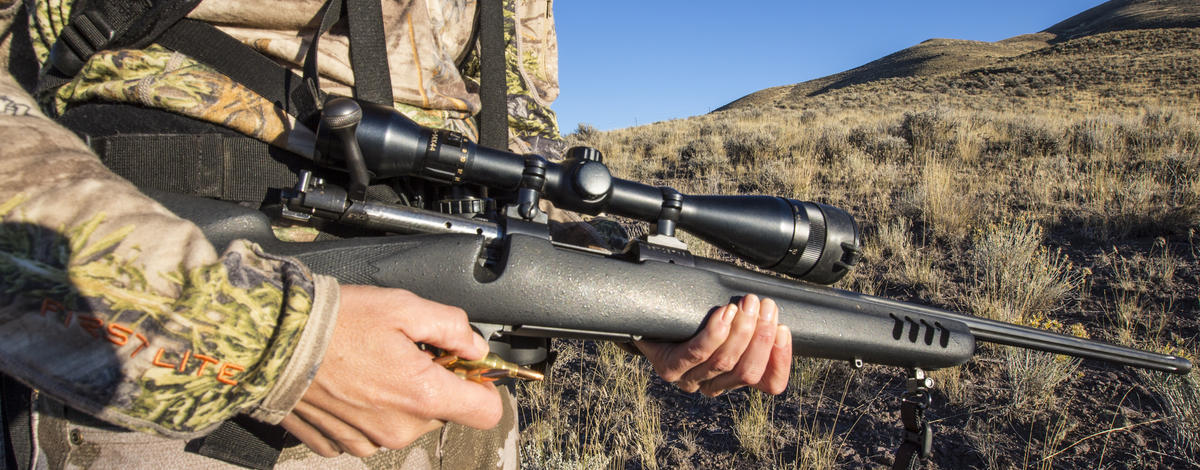tight shot of a rifle with Windy Davis hunting for antelope near Salmon, Idaho October 2015